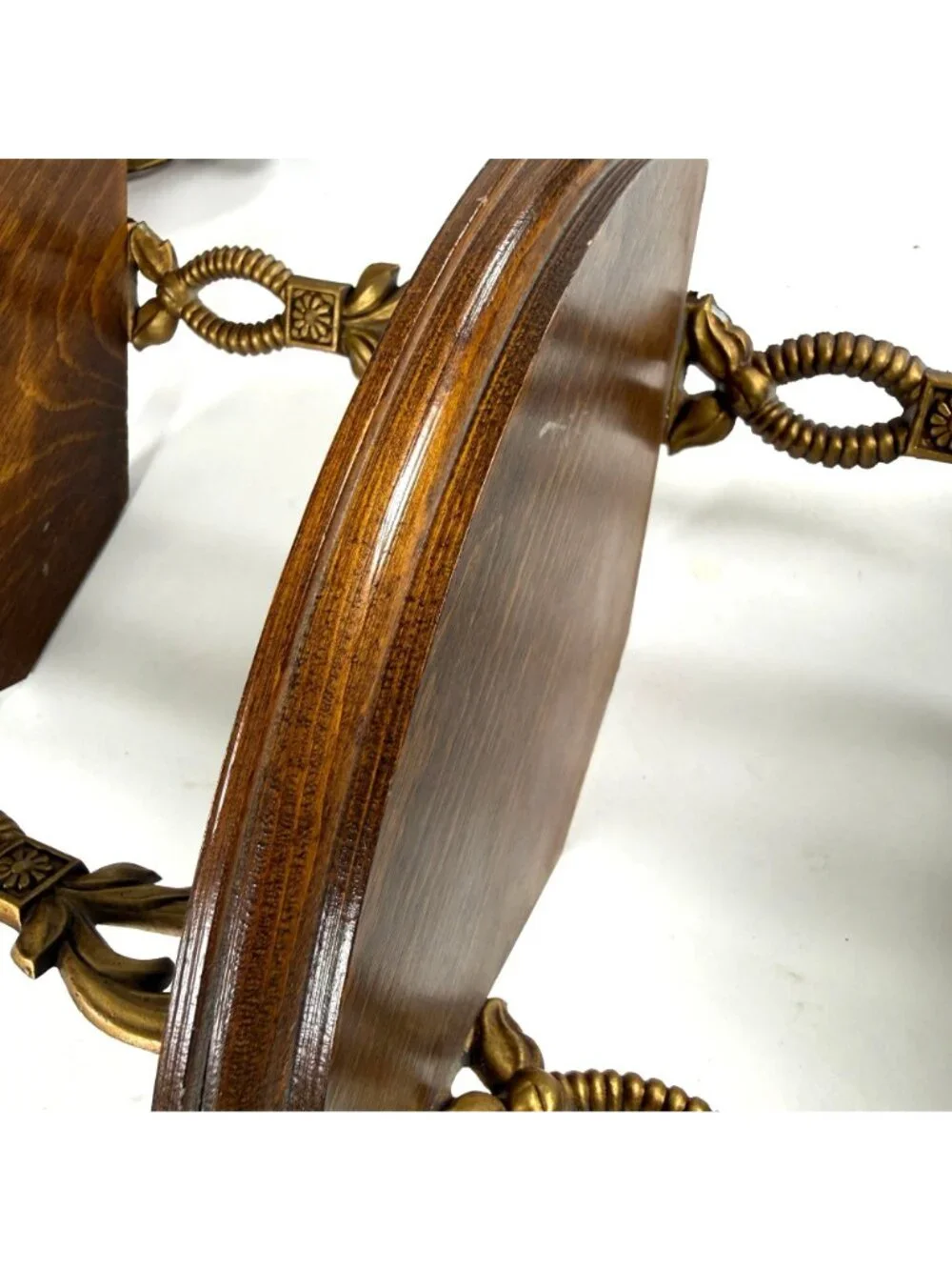 2 Vintage Sexton 3 Tier Corner Hanging Shelves Ornate Metal Wood Wall Display